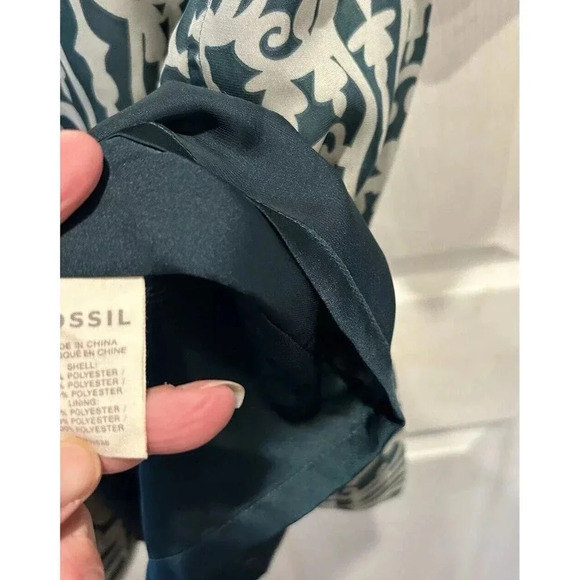 Fossil Womens Dress 3/4 Sleeve Geometric Ikat Boho Mini Teal Size Large Pockets - Picture 6 of 8